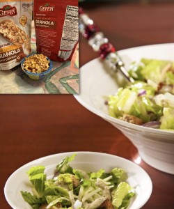 A bowl of salad and a box of cereal