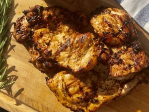 A wooden table with some food on it