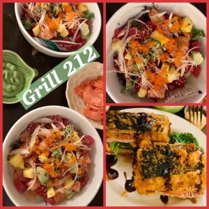 A collage of different food items on plates.