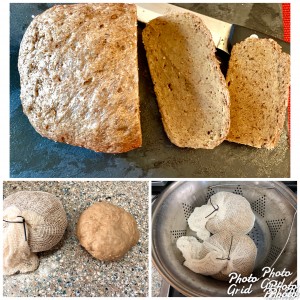 A collage of different pictures with bread and other food.