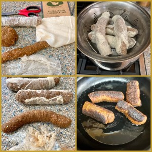 A collage of photos with food in it.