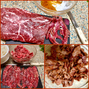 A collage of different types of meat including raw beef, and cooked meats.