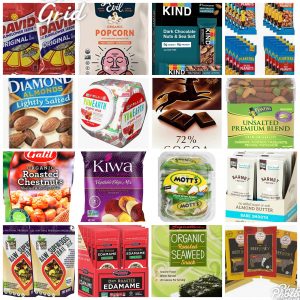 Assorted packaged snacks collage
