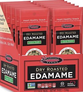 A display of the packaging for a box of roasted edamame.