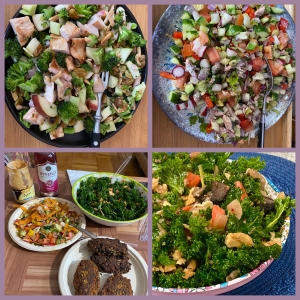 A collage of different salads and bowls.
